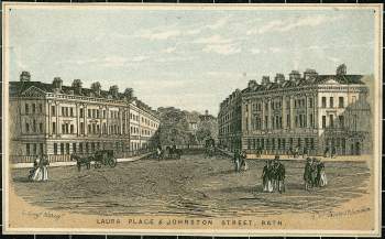 An intersection of two dirt roads with neoclassical stone buildings on the left and the right. Men and women in eighteenth-century English clothing are walking and interacting along the streets under a blue sky with scattered clouds.