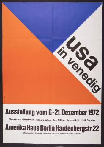 Scan of a poster, with red white and blue geometric shapes, large text in the corner reads "usa in venedig," the bottom of the page has block text in German