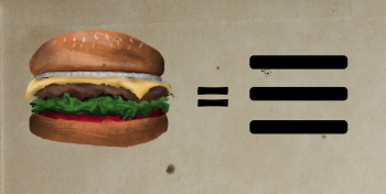 Drawing of hamburger on left and three lines making the hamburger icon on the right. 