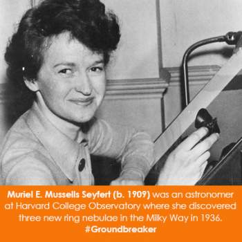 Muriel E. Mussells Seyfert (b. 1909) was an astronomer at Harvard College Observatory where she discovered three new ring nebulae in the Milky Way in 1936.