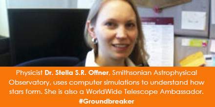 Physicist Dr. Stella S.R. Offner, Smithsonian Astrophysical Observatory, uses computer simulations to understand how stars form. She is also a WorldWide Telescope Ambassador. 