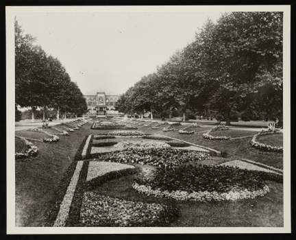 View of the sunken garden with pathways. Tall trees are on either side of the garden patterns. A view of the building is in the background. 