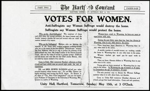 "Votes for Women" newspaper article in "The Hartford Courant," May 14, 1910.