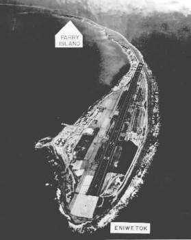 B&W photograph of Island with markers showing Eniwetok and Perry Islands