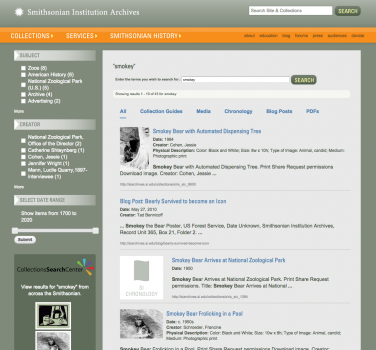Standard search results from the Smithsonian Institution Archives site.