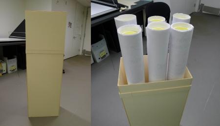 The completed box: lid in place on the left, and lid removed on the right to show all six rolls of g