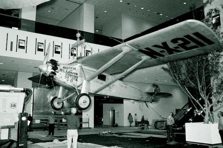 Installation of "Spirit of St. Louis" at National Air and Space Museum.