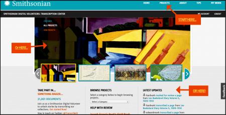 Getting started on the Homepage, Smithsonian Transcription Center