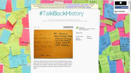 A screenshot of the website for the NMAH #TalkBackHistory Tumblr, crawled June 6, 2013, Accession 14