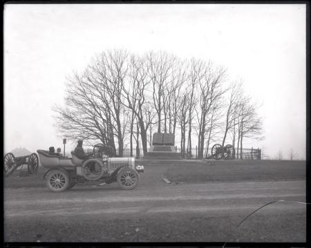Unidentified Men in Automobile at "Commands Honored" Monument at the Gettysburg Battle Site