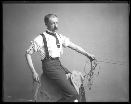 Frank Hamilton Cushing, ethnologist with the Bureau of American Ethnology, demonstrates horse riding