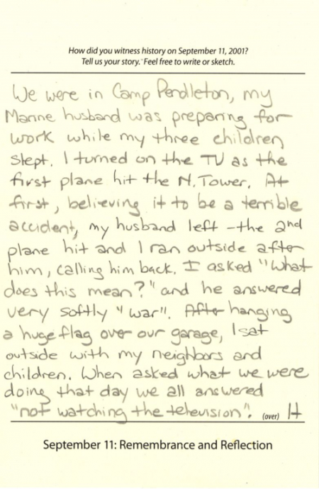 Visitor comment card from the National Museum of American History's September 11: Remembrance and Re