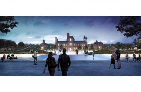 View of the Smithsonian Castle from Independence Ave. Design by BIG, the Bjarke Ingels Group.