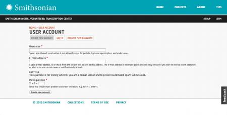 Sign-up page for the Smithsonian Transcription Center.