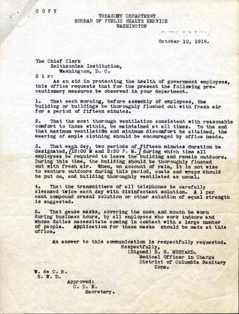 Memo from H.S. Mustard advising the Smithsonian to adhere to the precautions mentioned above.