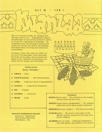 Flyer with a sketch of a Kwanzaa table, a list of symbols, and a list of the seven principles. 