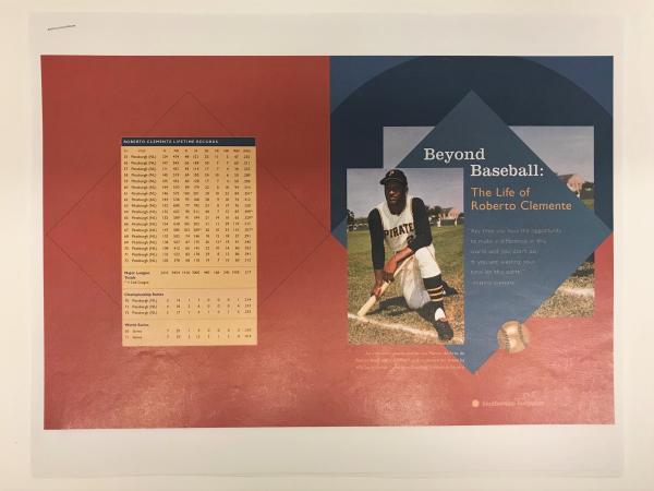 Stapled sheet of paper with a red and blue background and an image of a baseball player, wearing a P