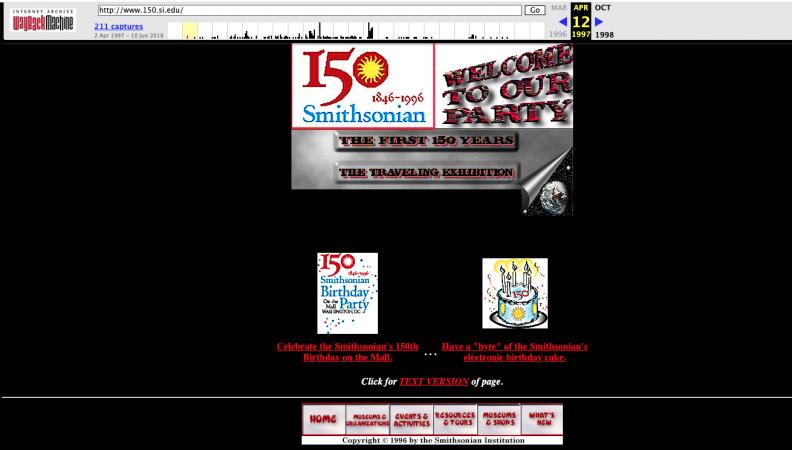 Website screen capture of the www.150.si.edu homepage as it appeared in 1997.