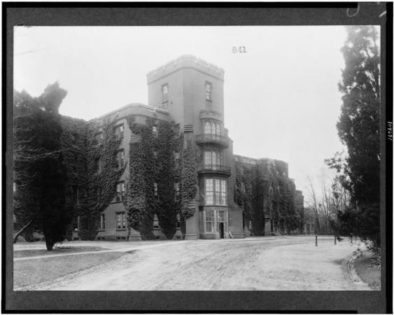 Exterior of a large building on St. Elizabeths Hospital Campus. 