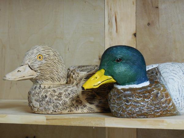 basswood duck decoy of a Redhead drake next to a painted Mallard.