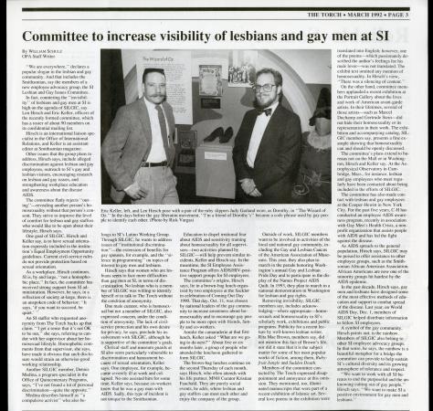 Smithsonian Torch article about the formation of the SI Lesbian and Gay Issues Committee, March 1992