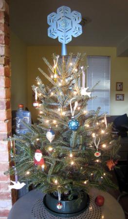 One of the races cutouts at the top of a lit Christmas tree,