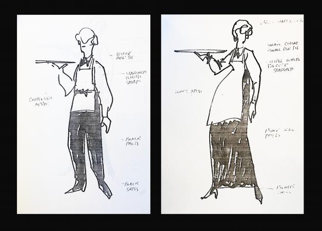 Two sketches of uniforms for servers for a man and woman. Both are holding trays and wearing aprons.