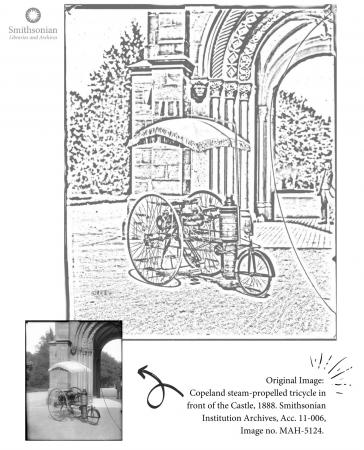 Coloring page featuring a steam tricycle. 