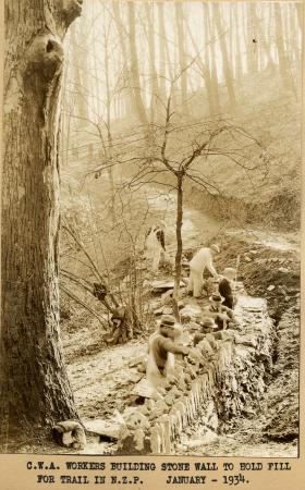 Men work in a line in a wooded area. The caption on the photograph reads: "C.W.A. Workers Building S