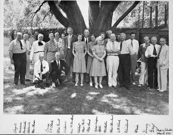 Black and white photograph of SAO staff, including Nancy Prichard, then referenced to as Miss McCand