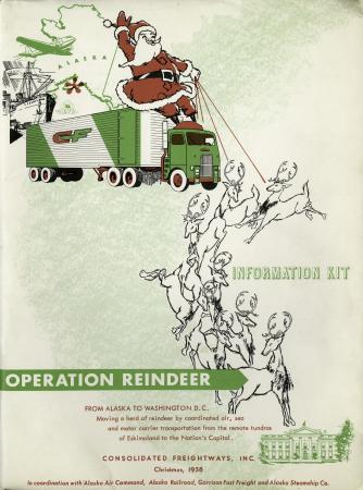 Information Kit Cover for Operation Reindeer. Santa flying with reindeer is on the cover. 