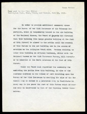 Press release announcing closure of the U.S. National Museum, dated July 15, 1918 and sent to the "W