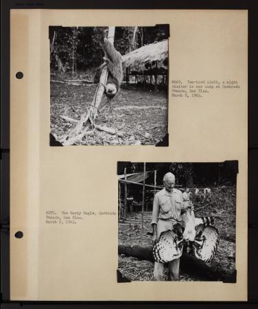 A scrapbook page containing two black and white photographs with captions. The top photograph shows 