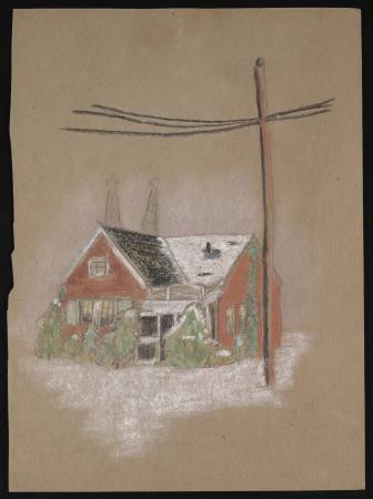 Color drawing on tan-colored construction paper, of a small red house with shrubs in front, lightly 