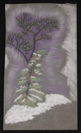 Color drawing of two trees on gray construction paper. The pine tree in the foreground is smaller an