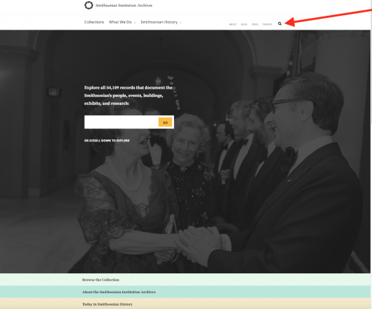 Screenshot of the Smithsonian Institution Archives' homepage with an arrow pointing to the magnifyin