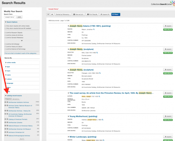 Screenshot of a search for "Joseph Henry" with an arrow pointing to the "catalog record source" sect