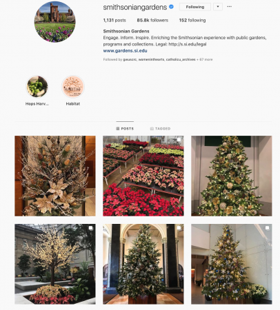 Screenshot of the Smithsonian Gardens Instagram account with six photographs of holiday plants/trees