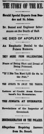 Title and many subtitles about death of Hall in the New York Herald. 