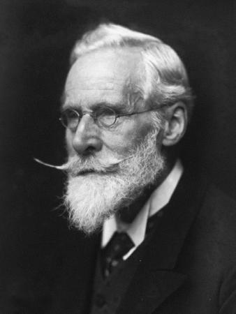 Close-up portrait photograph of a man with white/gray hair and a long mustache and beard. The man is