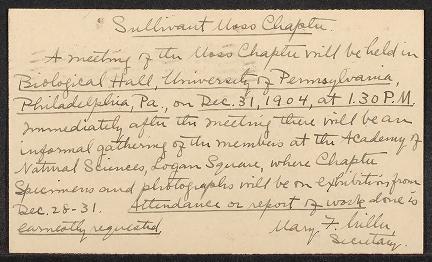 Mary F. Miller's handwriting on a post card with yellowed paper reminds Sullivant Society members of