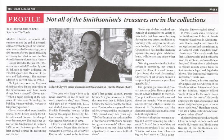 Article featuring Mildred Glover, titled "Not all of the Smithsonian's treasures are in the collecti