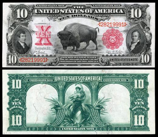 Ten-dollar bill. The central portrait is a depiction of an American bison. 