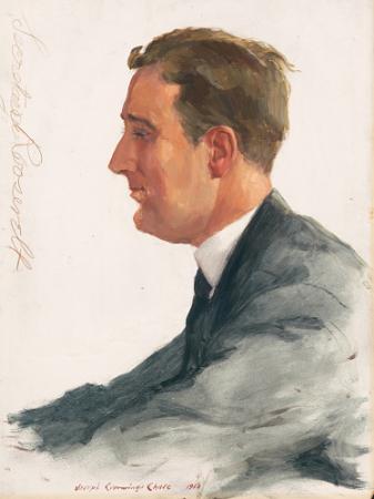 Oil based portrait of Franklin D. Roosevelt profile wearing a blue suit and tie, signed Secretary Ro