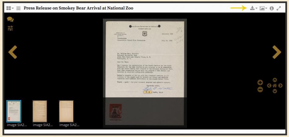 Our viewer now has a download button, which will allow users to grab the manifest file and/or download a copy of that image. Screenshot of a webpage with a large image and three smaller images.
