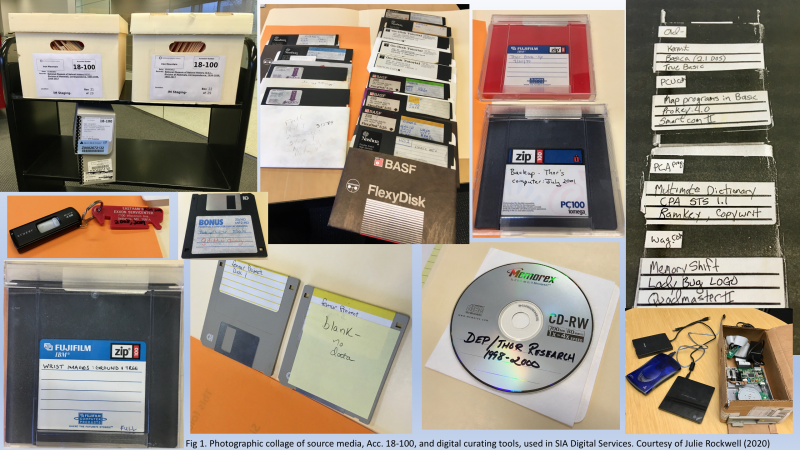 Computer source media such as floppy disks and a flashdrive from the Archives' Accession 18-100 foun