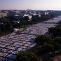 Aerial photograph of the National Mall with the NAMES Project AIDS Memorial Quilt covering the four blocks west of the U.S. Capitol Building.