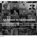 GIF of someone navigating the introduction page of the web exhibition. It includes a graphic of photographs of people in black-and-white and a portrait painting of James Smithsonian in color. 